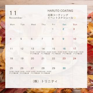 いつもありがとうございます💛
11月の出張コーティングスケジュールです⚾️🏆

11月も引き続きアピタ富山店様にて出店させていただきます。

あなたの大切なモノをキレイで丈夫に長く保つ✨
この機会にガラスコーティングをお試しください✨

お待たせしてしまう場合もございますので、来店予約も受付中です！！
お気軽にお問い合わせください🍀

#スマホ#ガラス#コーティング#HARUTOCOATING#耐衝撃#光沢
#保護#大切#富山#高岡#アピタ富山